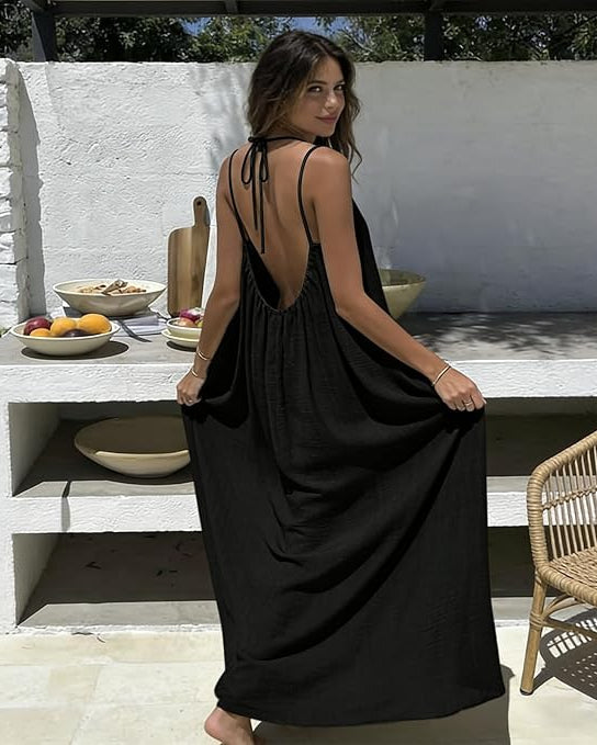 Vestido Feminino de Algodão com Costas Abertas Ajustáveis