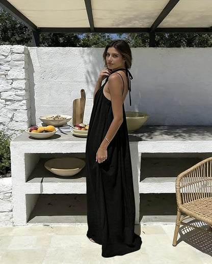 Vestido Feminino de Algodão com Costas Abertas Ajustáveis