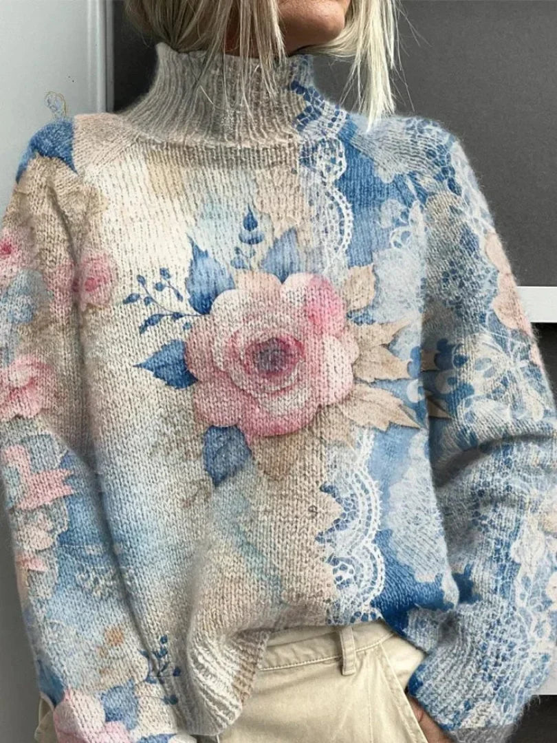 Rose - Camisola de Malha de Gola Alta com Padrão Rendado