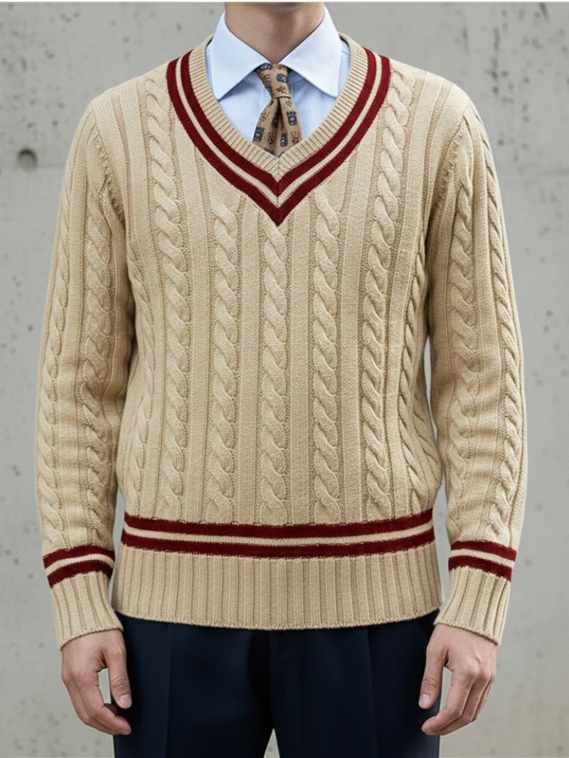 Camisola Clássica de Decote em V em Ponto Trançado para Homem - Camisola de Homem - Vessa