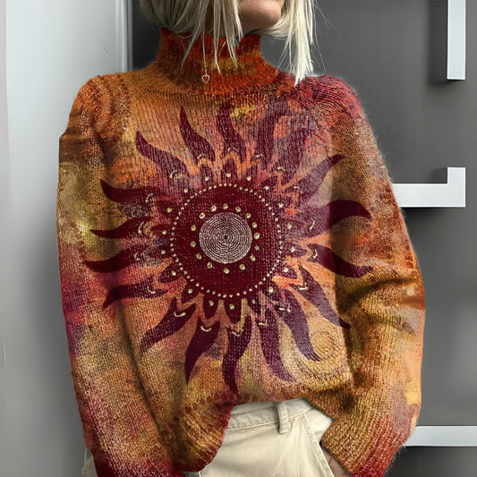 Eline - Camisola de Malha Quente de Gola Alta com Sol Tribal