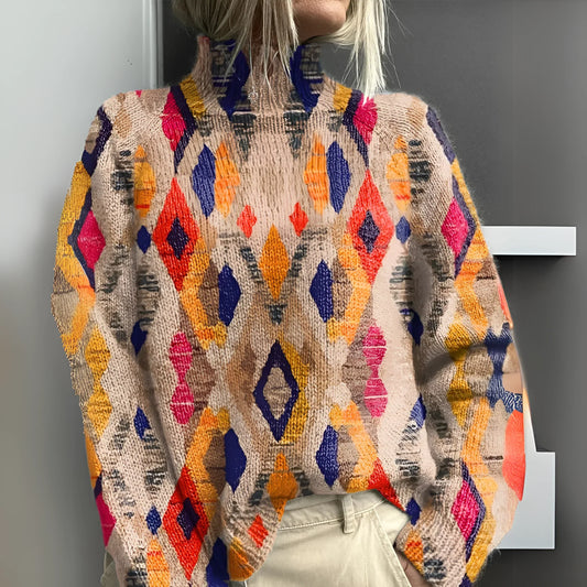 Fenna - Camisola de Malha de Gola Alta com Padrão Geométrico