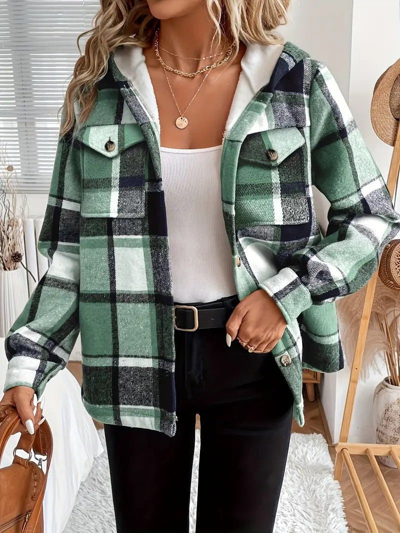 Casaco-Camisa Xadrez com Forro em Fleece e Capuz para Mulher - Casaco de Inverno de Mulher - Vessa