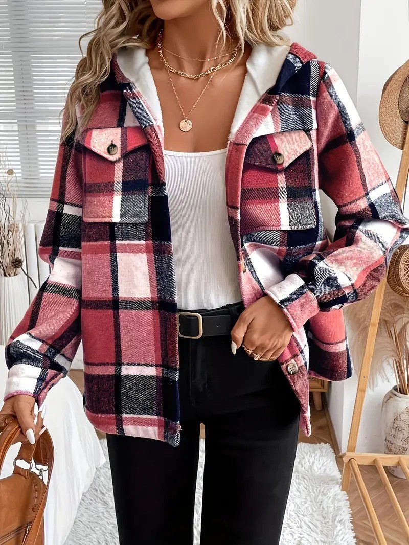 Casaco-Camisa Xadrez com Forro em Fleece e Capuz para Mulher - Casaco de Inverno de Mulher - Vessa