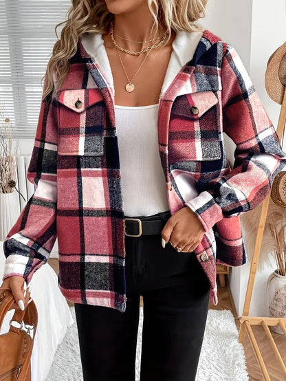 Casaco-Camisa Xadrez com Forro em Fleece e Capuz para Mulher - Casaco de Inverno de Mulher - Vessa