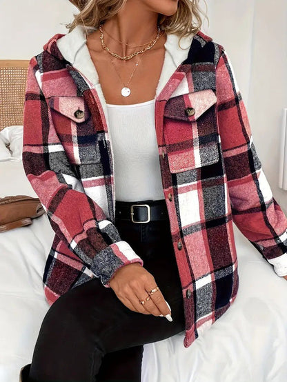 Casaco-Camisa Xadrez com Forro em Fleece e Capuz para Mulher - Casaco de Inverno de Mulher - Vessa