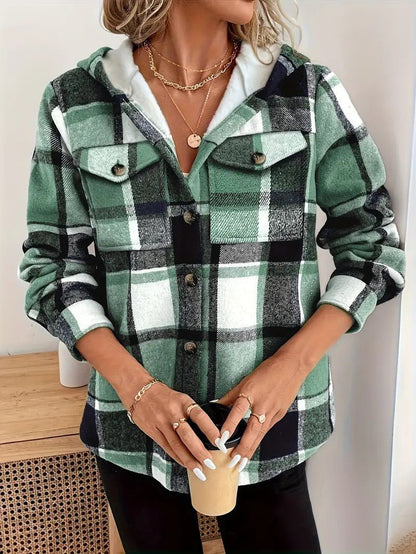 Casaco-Camisa Xadrez com Forro em Fleece e Capuz para Mulher - Casaco de Inverno de Mulher - Vessa