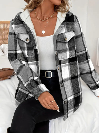 Casaco-Camisa Xadrez com Forro em Fleece e Capuz para Mulher - Casaco de Inverno de Mulher - Vessa