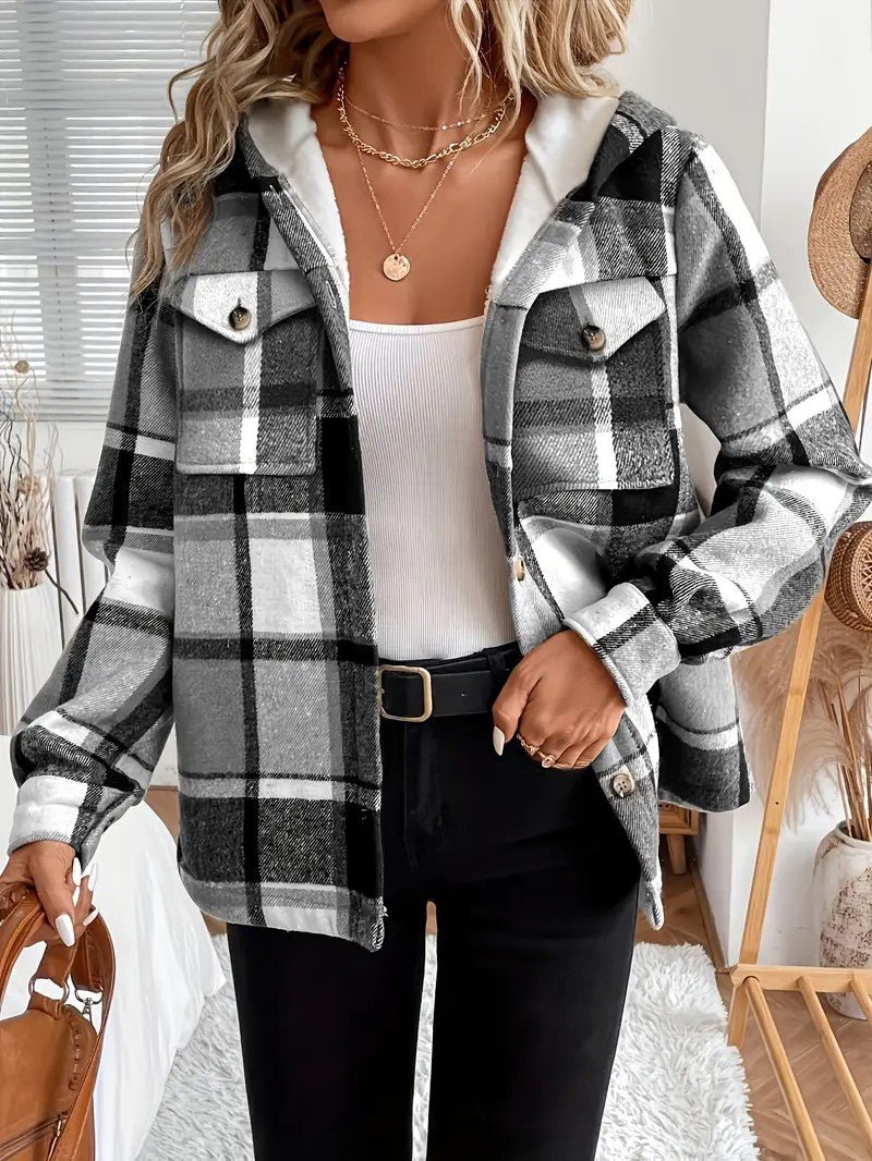 Casaco-Camisa Xadrez com Forro em Fleece e Capuz para Mulher - Casaco de Inverno de Mulher - Vessa