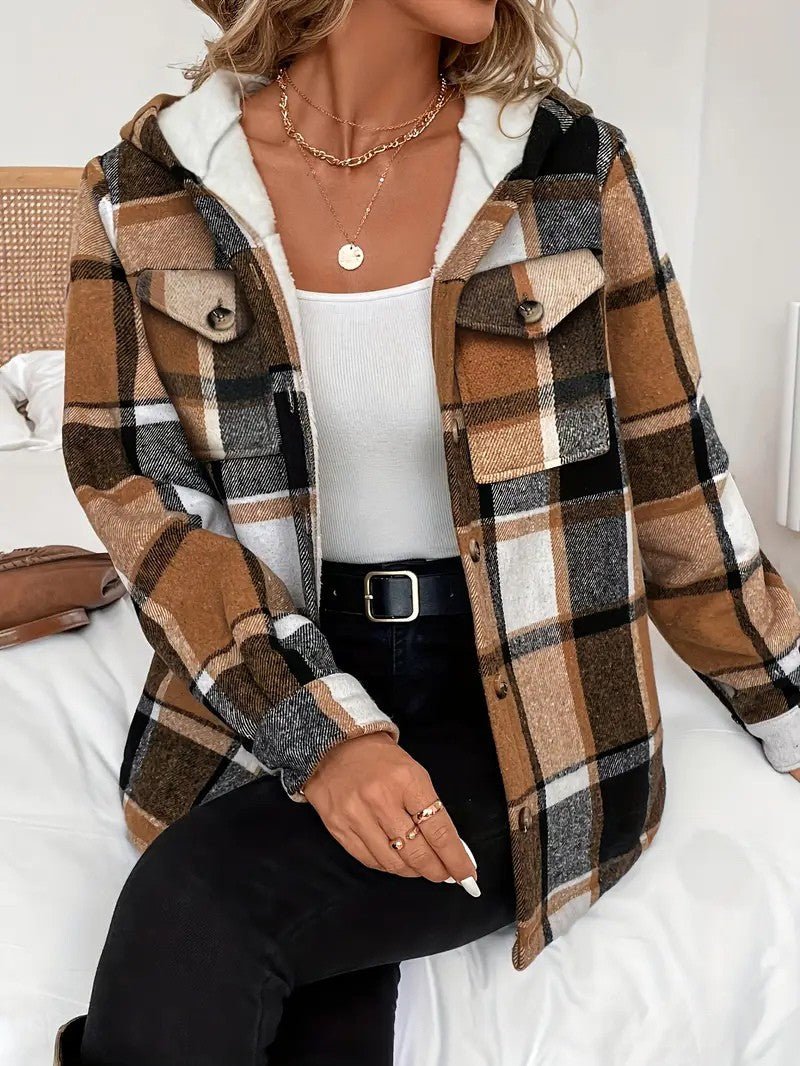 Casaco-Camisa Xadrez com Forro em Fleece e Capuz para Mulher - Casaco de Inverno de Mulher - Vessa