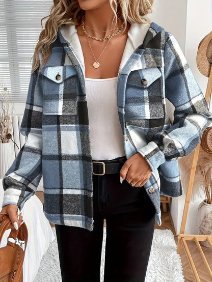 Casaco-Camisa Xadrez com Forro em Fleece e Capuz para Mulher - Casaco de Inverno de Mulher - Vessa