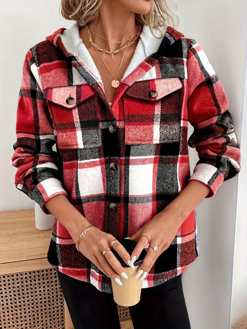 Casaco-Camisa Xadrez com Forro em Fleece e Capuz para Mulher - Casaco de Inverno de Mulher - Vessa