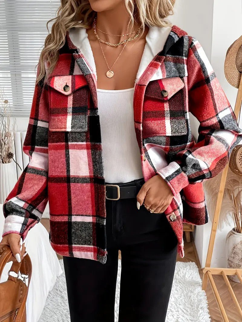 Casaco-Camisa Xadrez com Forro em Fleece e Capuz para Mulher - Casaco de Inverno de Mulher - Vessa