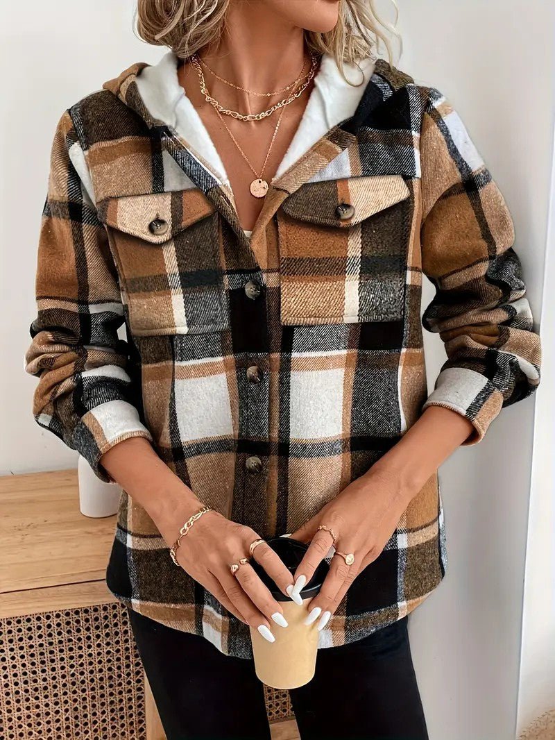 Casaco-Camisa Xadrez com Forro em Fleece e Capuz para Mulher - Casaco de Inverno de Mulher - Vessa