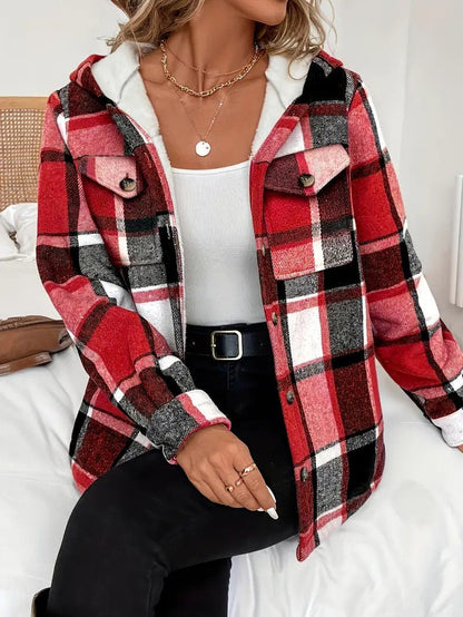 Casaco-Camisa Xadrez com Forro em Fleece e Capuz para Mulher - Casaco de Inverno de Mulher - Vessa