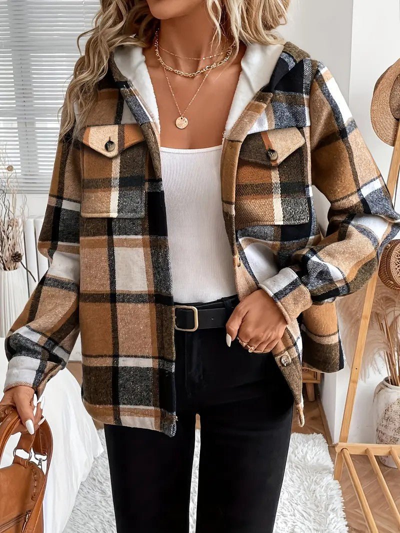 Casaco-Camisa Xadrez com Forro em Fleece e Capuz para Mulher - Casaco de Inverno de Mulher - Vessa