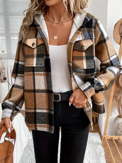 Casaco-Camisa Xadrez com Forro em Fleece e Capuz para Mulher - Casaco de Inverno de Mulher - Vessa