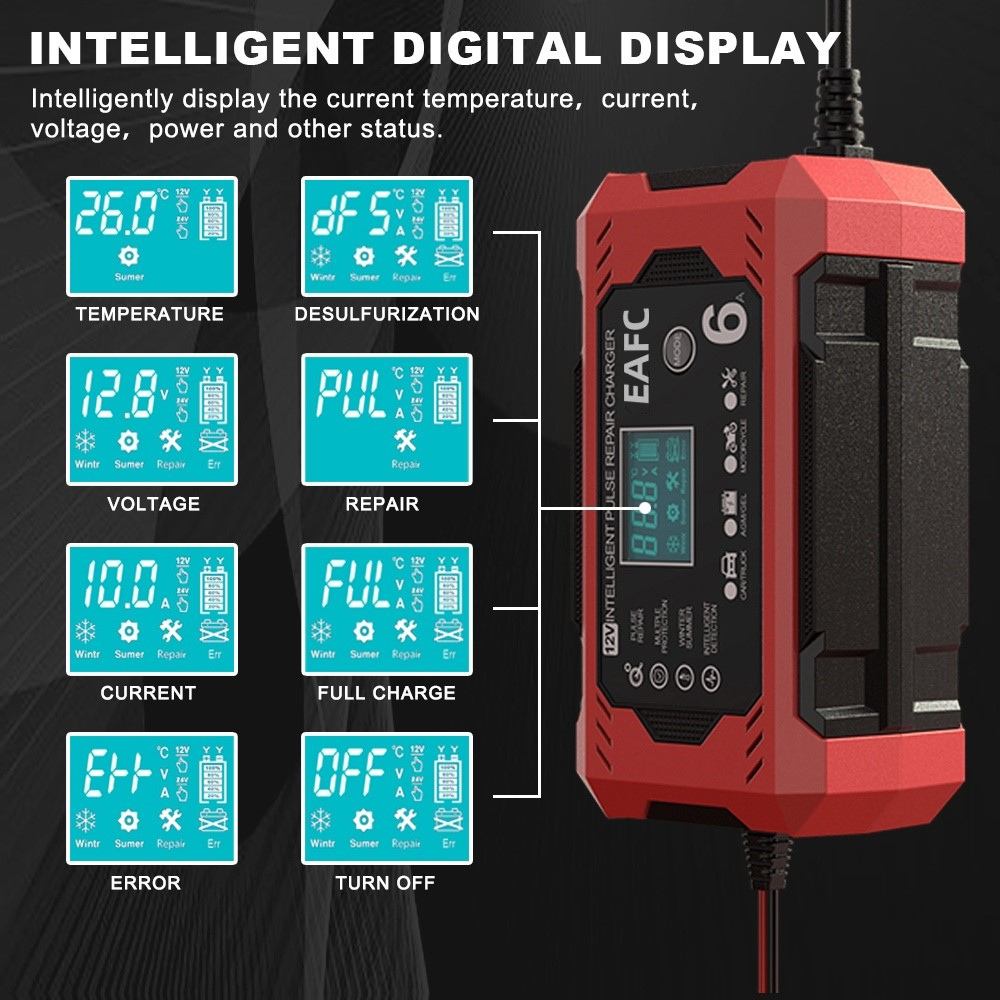 Carregador de Bateria de Carro PowerPulse – 12V/24V, Reparação por Pulso, Ecrã LCD - Carregador de Bateria - Vessa
