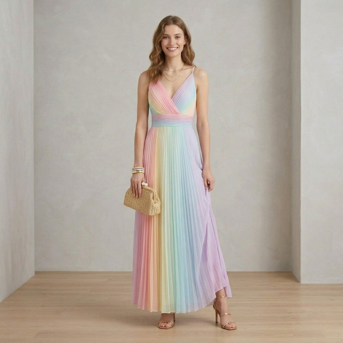 Vestido Maxi Plissado Arco-Íris - Vestido Maxi - Vessa
