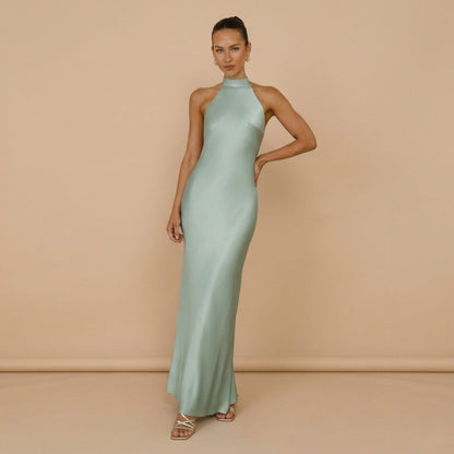 Vestido Maxi em Cetim de Gola Alta - Vestido Maxi - Vessa