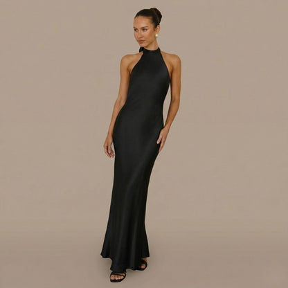 Vestido Maxi em Cetim de Gola Alta - Vestido Maxi - Vessa