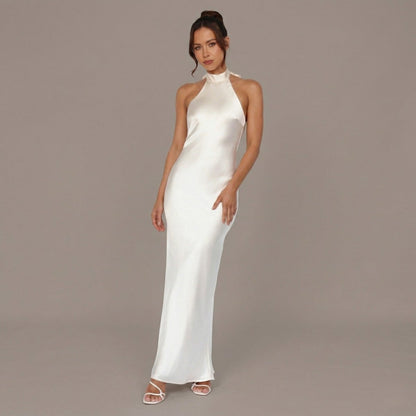 Vestido Maxi em Cetim de Gola Alta - Vestido Maxi - Vessa