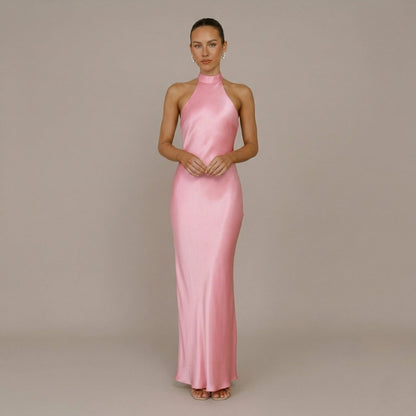 Vestido Maxi em Cetim de Gola Alta - Vestido Maxi - Vessa