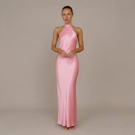 Vestido Maxi em Cetim de Gola Alta - Vestido Maxi - Vessa