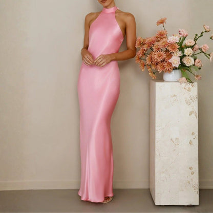 Vestido Maxi em Cetim de Gola Alta - Vestido Maxi - Vessa
