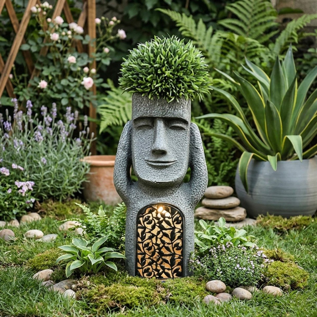 Estátua de Jardim Solar com Vaso e Luz - Estátua de Jardim - Vessa