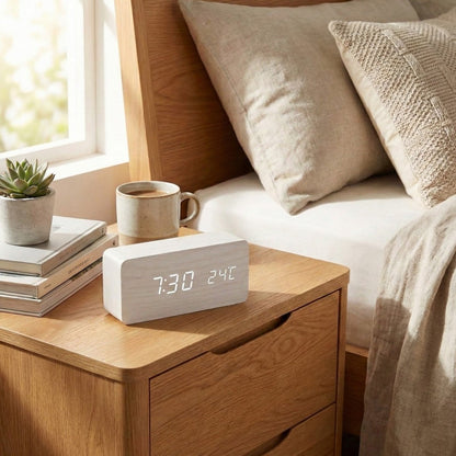 Relógio de Madeira LED Controlado por Voz com Ecrã Personalizado - Relógio de Madeira - Vessa