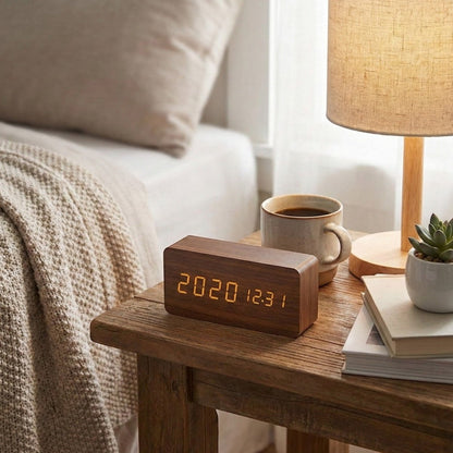 Relógio de Madeira LED Controlado por Voz com Ecrã Personalizado - Relógio de Madeira - Vessa