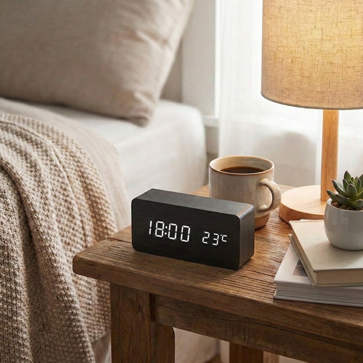 Relógio de Madeira LED Controlado por Voz com Ecrã Personalizado - Relógio de Madeira - Vessa