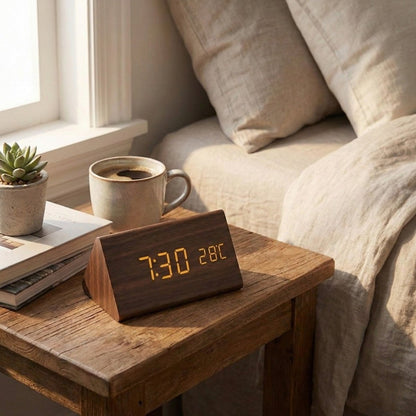 Relógio de Madeira LED Controlado por Voz com Ecrã Personalizado - Relógio de Madeira - Vessa